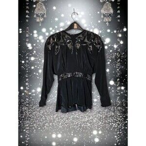 VTG D'ORE Black Sequence Beaded Open Back Formal Blouse Peplum Metalic Mob Wife